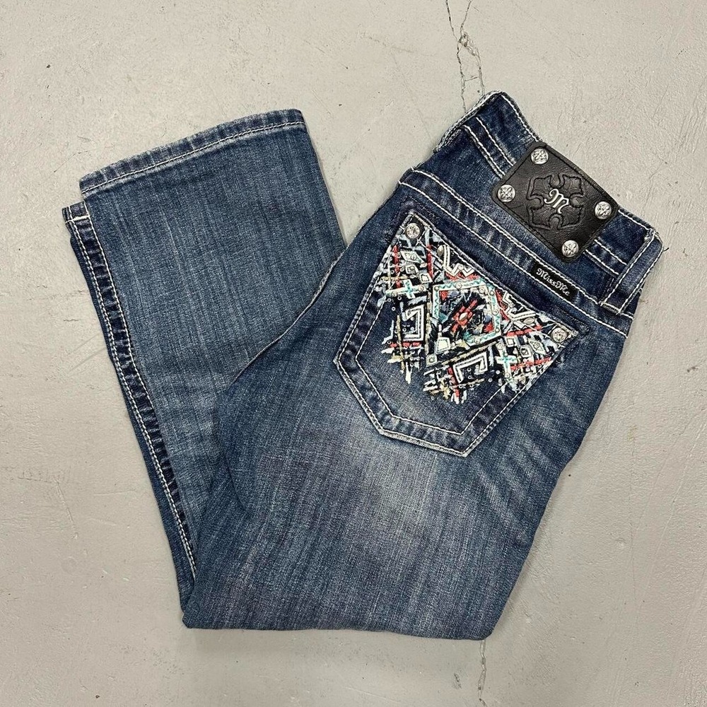 Y2K Miss Me Aztec Bedazzled Mid Rise Cuffed Capri Jeans Size 28